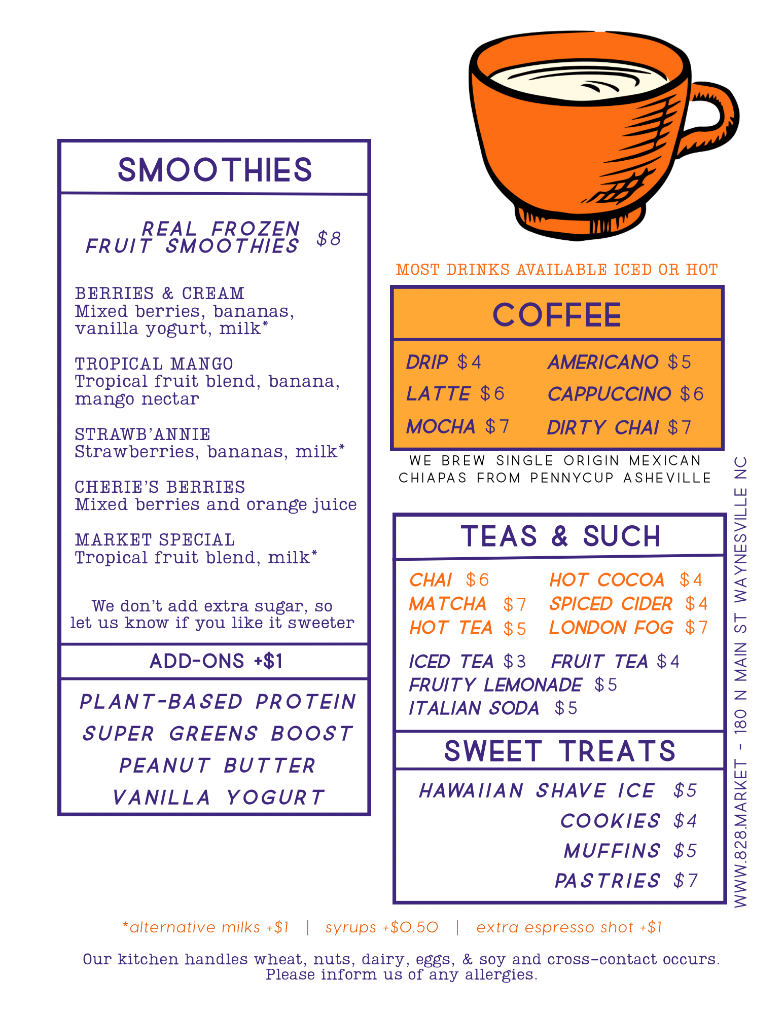 Drink Menu with Smoothies, Coffee, Espresso, and Bakery Sweets